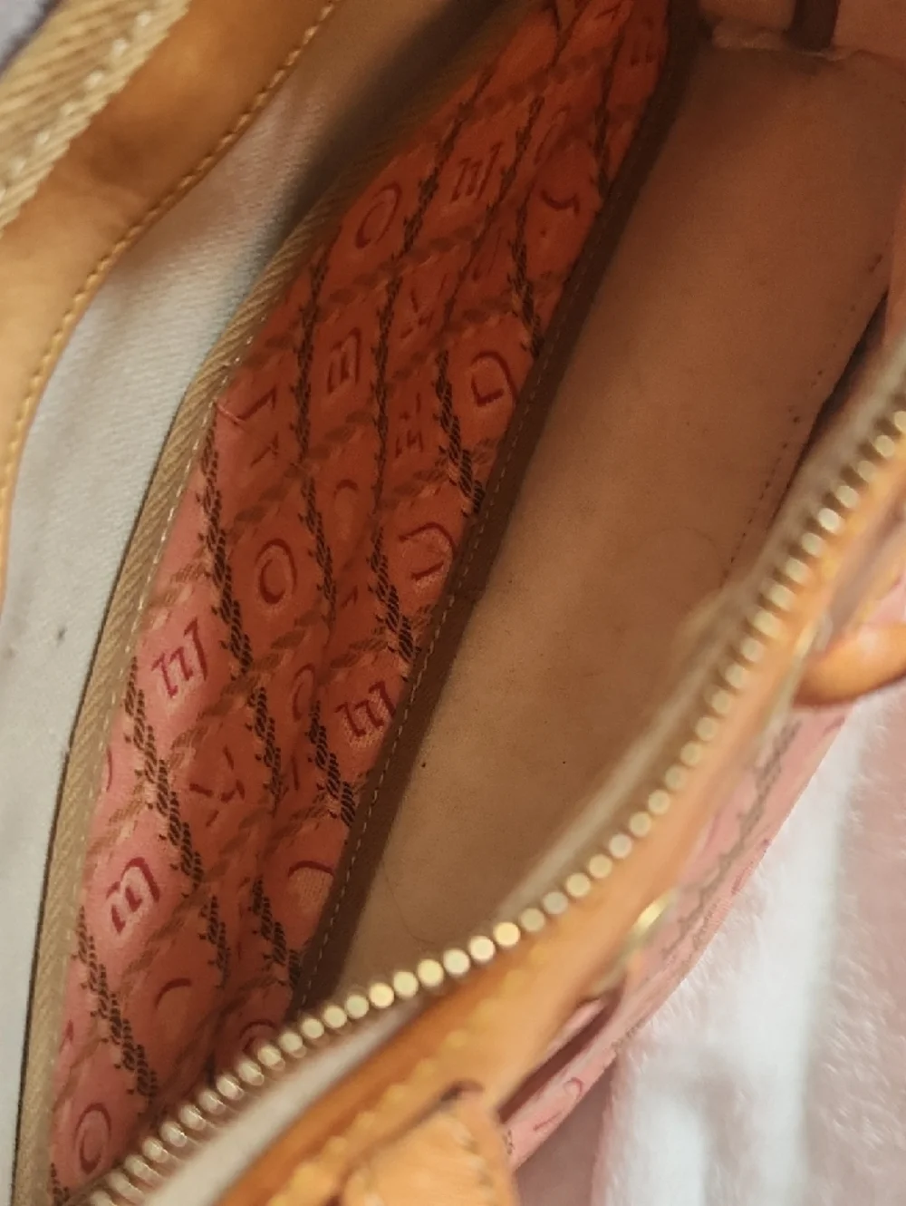 Dooney And Bourke Pink Patterned Drawstring Tote Bag with Brown Trim - Picture 6 of 6